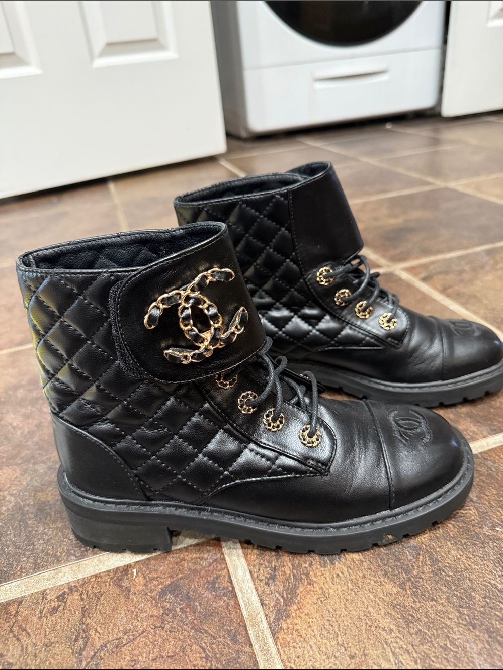 Chanel Quilted Chain Lace-Up Combat Boots Black US 36